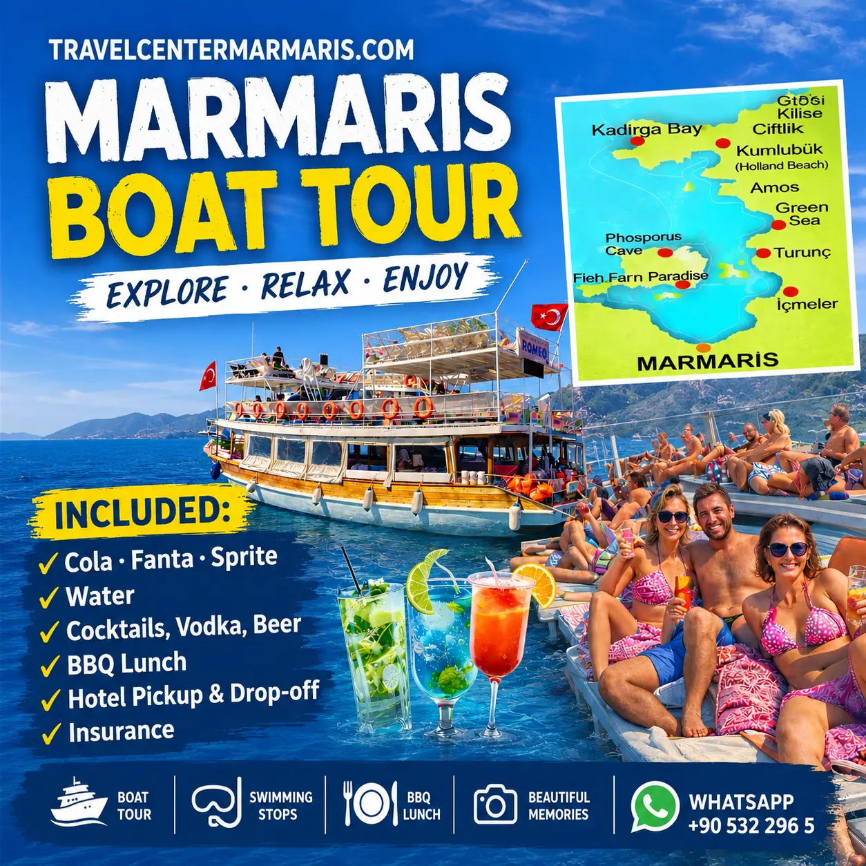 Bootstour in Marmaris mit BBQ-Mittagessen, Hoteltransfer und unbegrenzten Softdrinks.